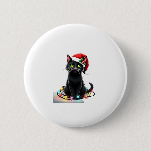 Black Cat Weihnachtslicht Weihnachtsmannmütze Funn Button (Vorderseite)