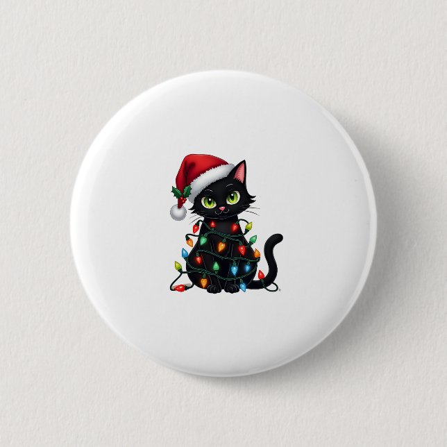 Black Cat Weihnachtslicht Weihnachtsmannmütze Funn Button (Vorderseite)