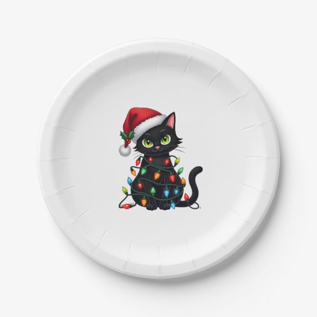 Black Cat Weihnachtslicht Weihnachtsmannmütze Funn Pappteller (Vorderseite)