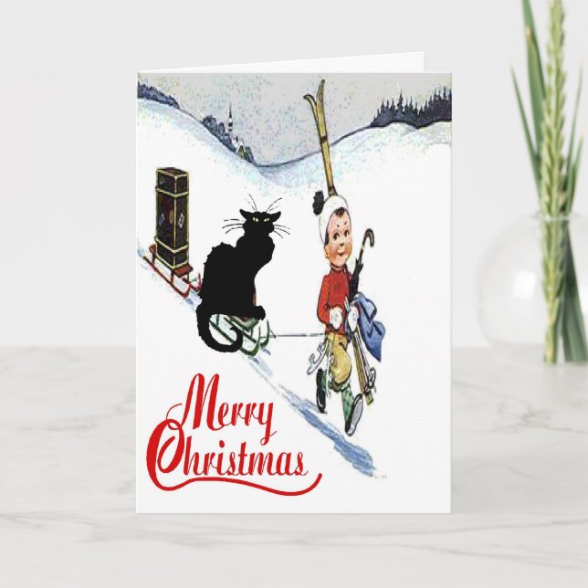 Black Cat Weihnachtsschnee Feiertagskarte (Vorderseite)