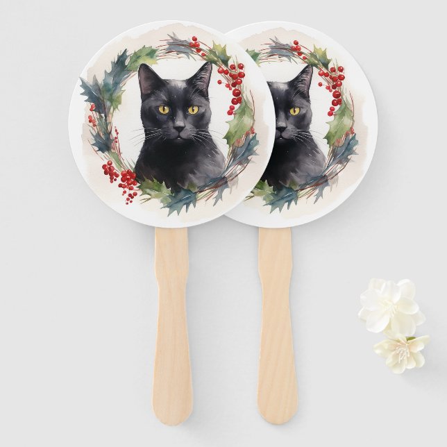 Black Cat Weihnachtsschreath Festivals Kitten Fächer (Vorne und Hinten)