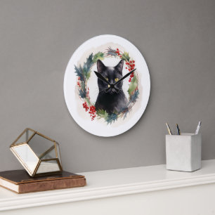 Black Cat Weihnachtsschreath Festivals Kitten Große Wanduhr