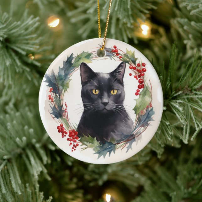 Black Cat Weihnachtsschreath Festivals Kitten Keramik Ornament (Baum)
