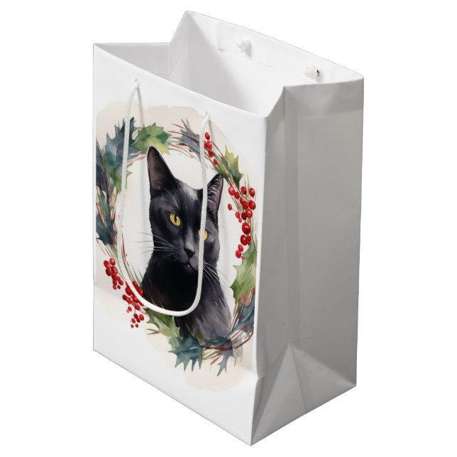 Black Cat Weihnachtsschreath Festivals Kitten Mittlere Geschenktüte (Vorderseite Schrägansicht)