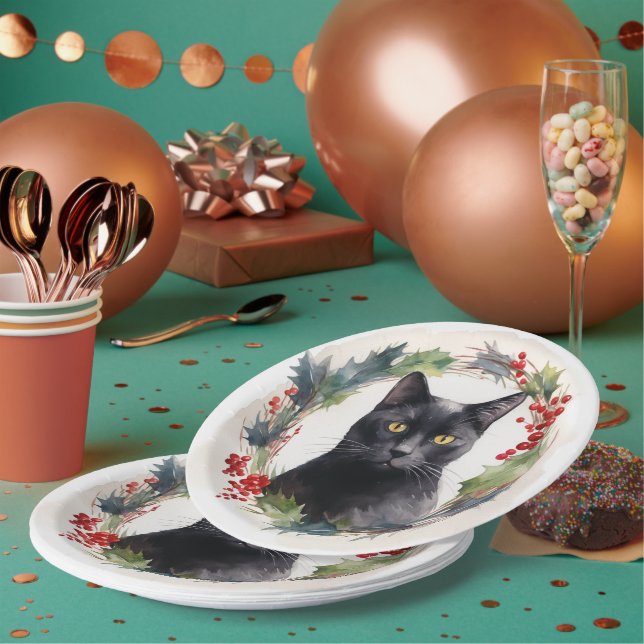 Black Cat Weihnachtsschreath Festivals Kitten Pappteller (Multi)