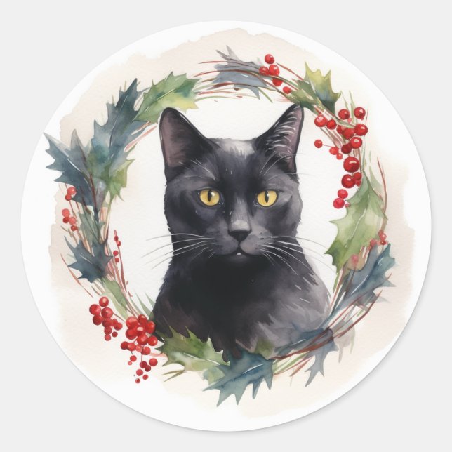 Black Cat Weihnachtsschreath Festivals Kitten Runder Aufkleber (Vorderseite)