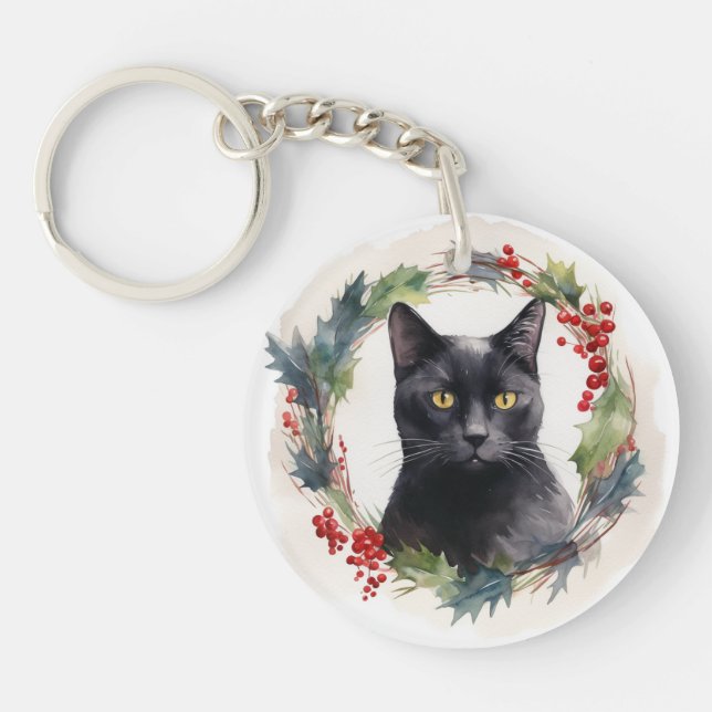 Black Cat Weihnachtsschreath Festivals Kitten Schlüsselanhänger (Vorderseite)