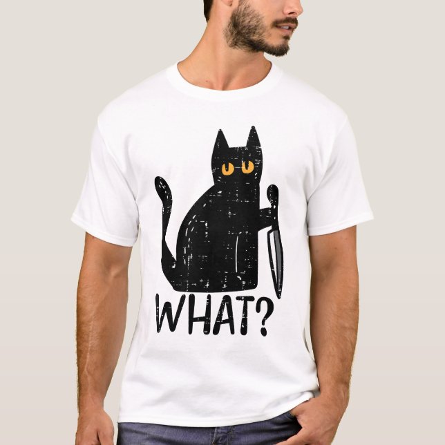 Black Cat What Knife Funny Mord Halloween T-Shirt (Vorderseite)