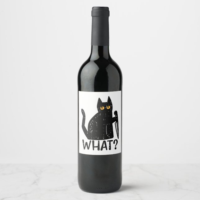 Black Cat What Knife Funny Murderween Pet Weinetikett (Vorderseite)