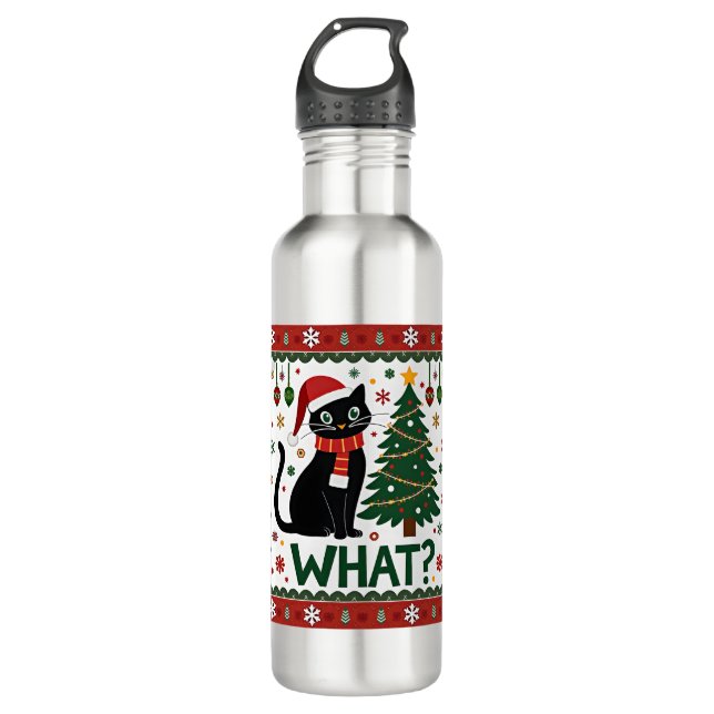 Black Cat What Pushing Christmas Tree Funny Cat Xm Edelstahlflasche (Vorderseite)
