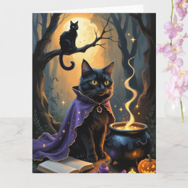 Black Cat Whimsical Halloween Malerei Karte (Orchidee)
