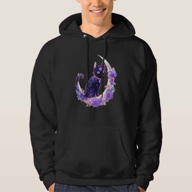 Black Cat Witch Crescent Moon Witchy Crystal Paste Hoodie (Vorderseite)