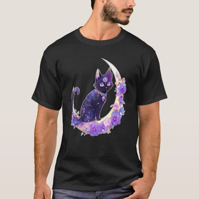 Black Cat Witch Crescent Moon Witchy Crystal Paste T-Shirt (Vorderseite)