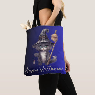 Black Cat Witch hat Broom Blue Happy Halloween Tasche