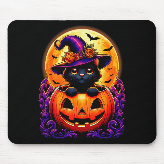 Black Cat Witch Hat Pumpkin Funny Halloween Men Wo Mousepad (Vorne)