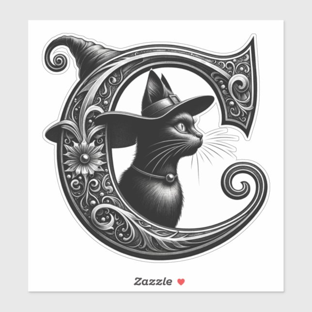 Black Cat Witch Hexerei Letter C Custom Initial Aufkleber (Blatt)