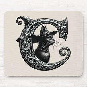Black Cat Witch Hexerei Letter C Custom Initial Mousepad
