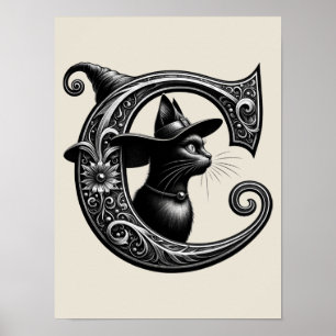 Black Cat Witch Hexerei Letter C Custom Initial Poster