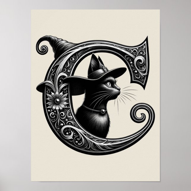Black Cat Witch Hexerei Letter C Custom Initial Poster (Vorne)