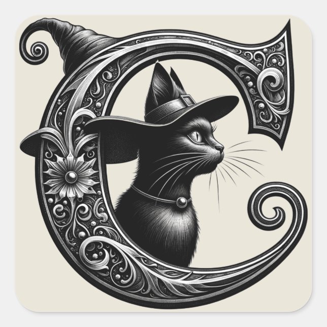 Black Cat Witch Hexerei Letter C Custom Initial Quadratischer Aufkleber (Vorderseite)