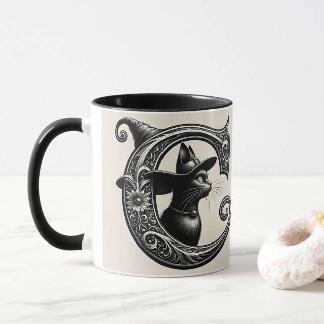 Black Cat Witch Hexerei Letter C Custom Initial Tasse (Mit Donut)