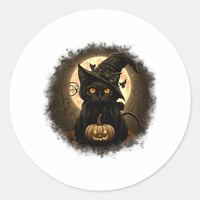 Black Cat Witchy Pumpkin Moon Spooky Halloween Wom Runder Aufkleber (Vorderseite)