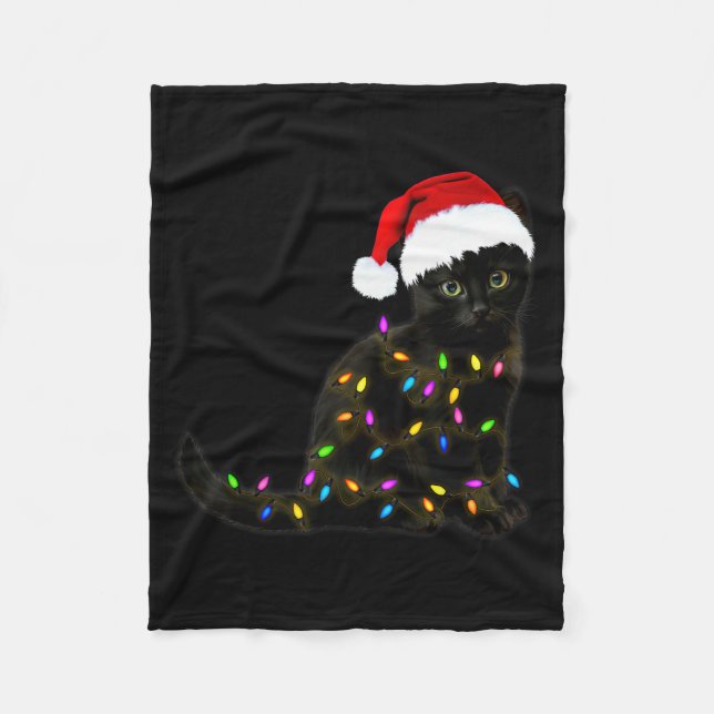 Black Cat With Christmas Light Funny Cat Lover Chr Fleecedecke (Vorderseite)
