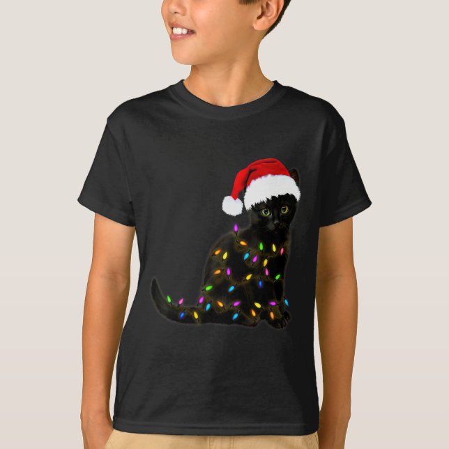 Black Cat With Christmas Light Funny Cat Lover Chr T-Shirt (Vorderseite)