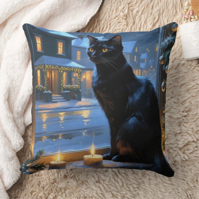 Black Cat With Christmas Lights Holiday Kissen (Decke)