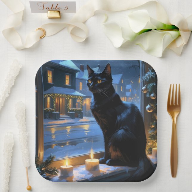 Black Cat With Christmas Lights Holiday Pappteller (Hochzeit)