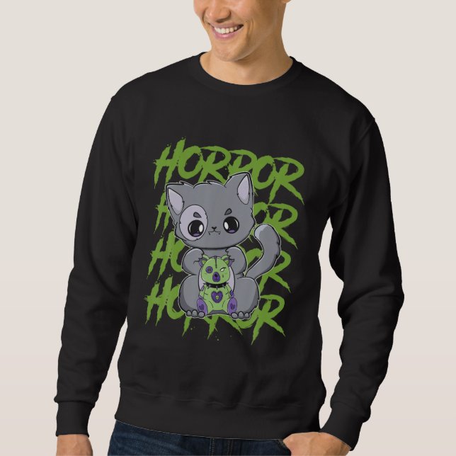 Black Cat With Eddy Bear For Horror Fans Sweatshirt (Vorderseite)