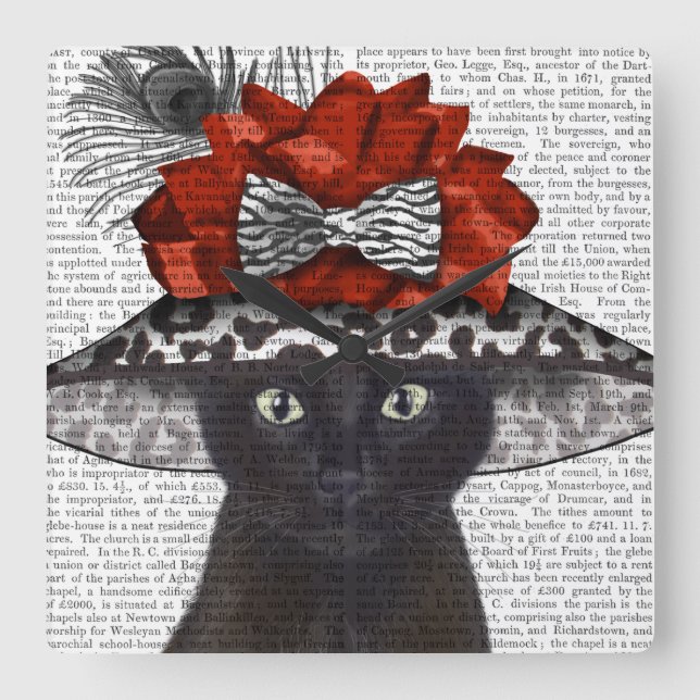 Black Cat with Fabulous Hat Quadratische Wanduhr (Vorderseite)
