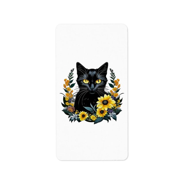 Black Cat With Flowers Adressaufkleber (Vorne)