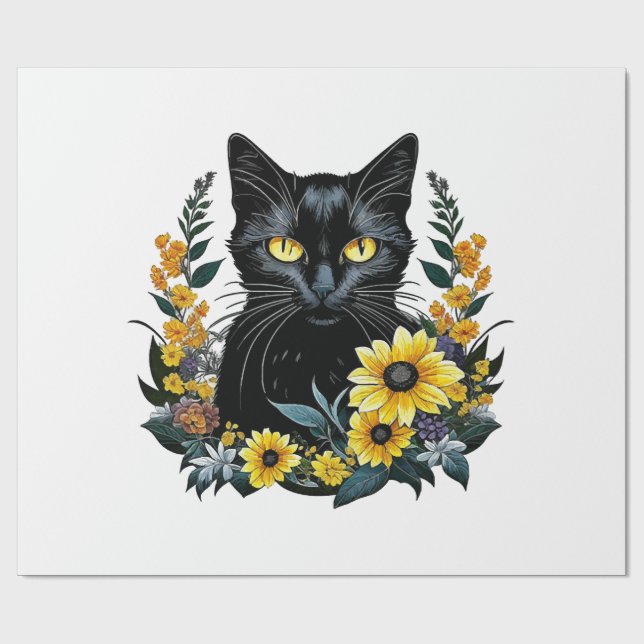 Black Cat With Flowers Geschenkpapier (Flach)