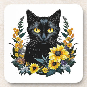 Black Cat With Flowers Getränkeuntersetzer