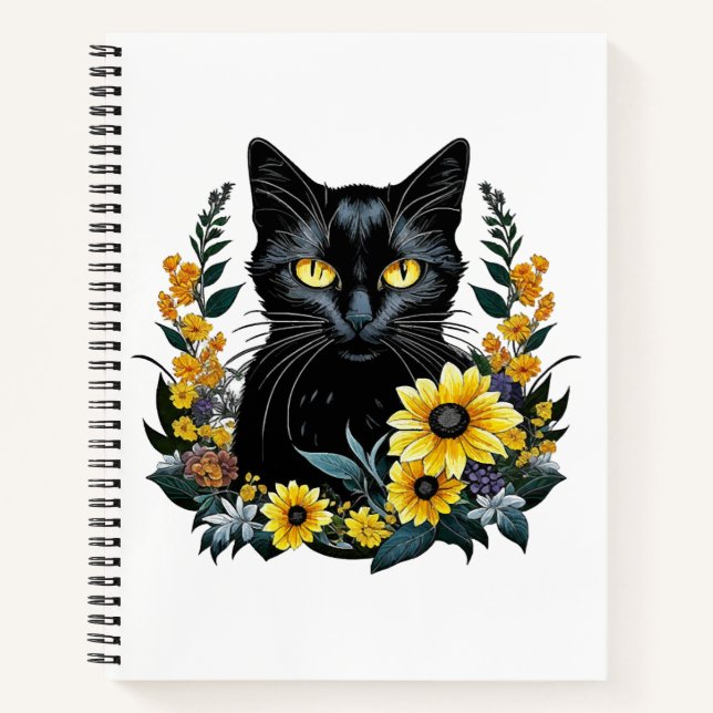 Black Cat With Flowers Notizbuch (Vorderseite)