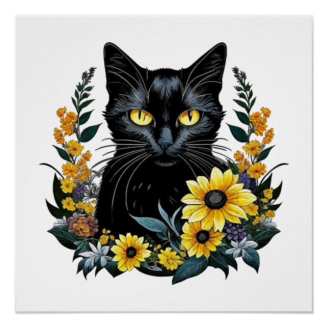 Black Cat With Flowers Poster (Vorderseite)