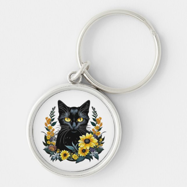 Black Cat With Flowers Schlüsselanhänger (Vorne)