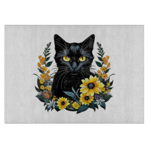 Black Cat With Flowers Schneidebrett