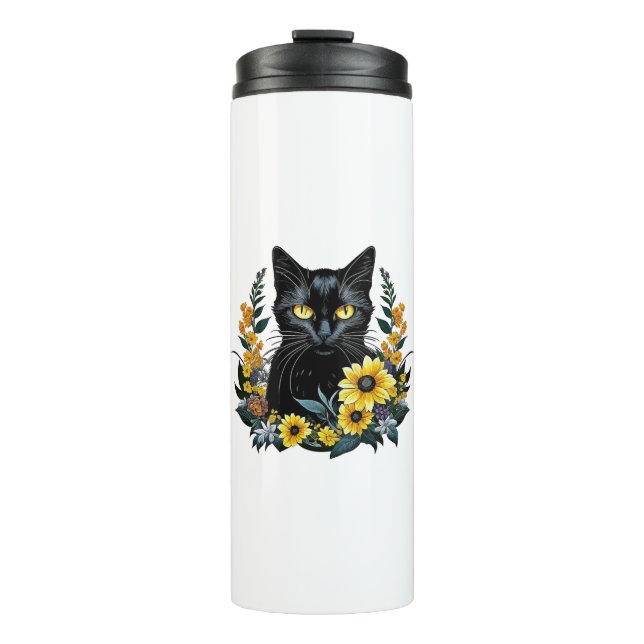 Black Cat With Flowers Thermosbecher (Vorderseite)