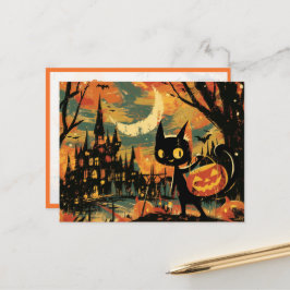 Black Cat with Pumpkin Bucket by the Castle Postkarte