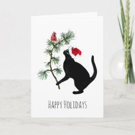 Black Cat with Red Bird in Tree Christmas Card Karte