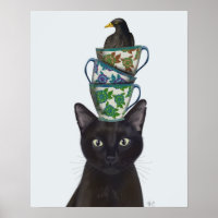 Black Cat with Teacups and Blackbird