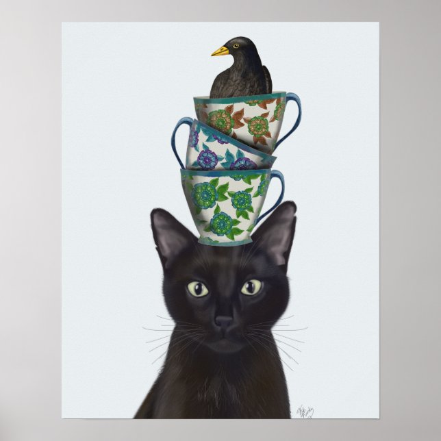 Black Cat with Teacups and Blackbird Poster (Vorne)