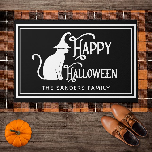 Black Cat with Witch Hat & "Happy Halloween" Fußmatte (Von Creator hochgeladen)