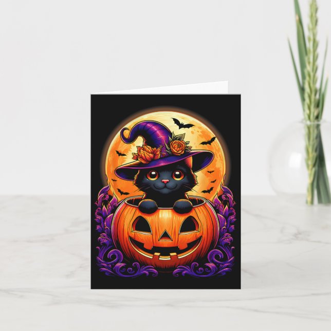 Black Cat Witz Hat Pumpkin Funny Halloween Men Wo Karte (Vorderseite)