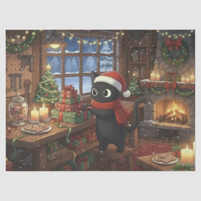 Black Cat Wrapping Christmas Gifts Decoupage Seidenpapier (Vorderseite)