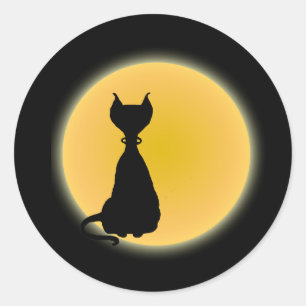 Black Cat & Yellow Moon Halloween Art Runder Aufkleber