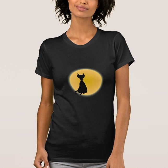 Black Cat & Yellow Moon Halloween Art T-Shirt (Vorderseite)