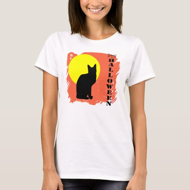 Black Cat Yellow Moon Halloween T-Shirt (Vorderseite)